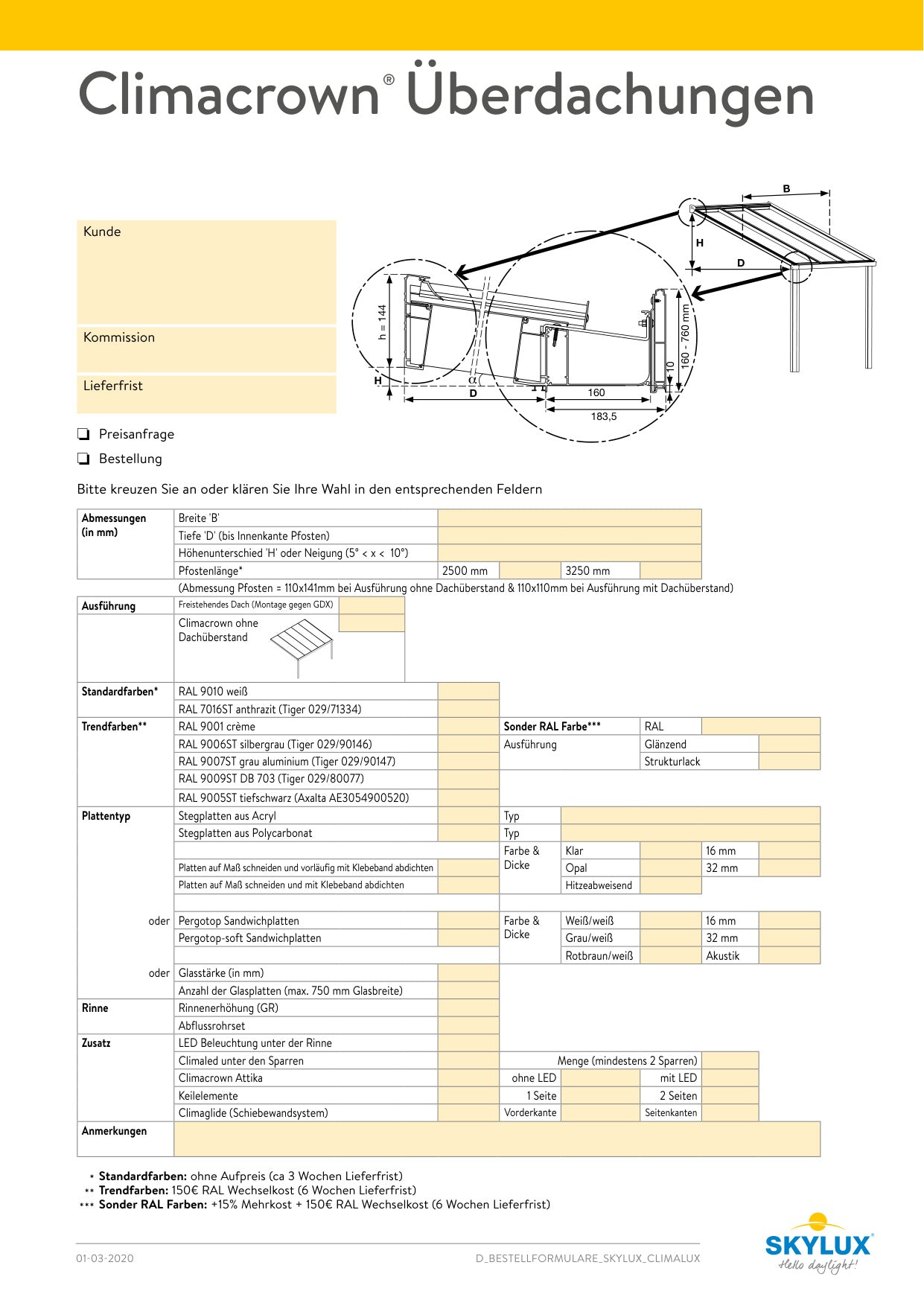 Formulaires de commande profils de véranda - Skylux