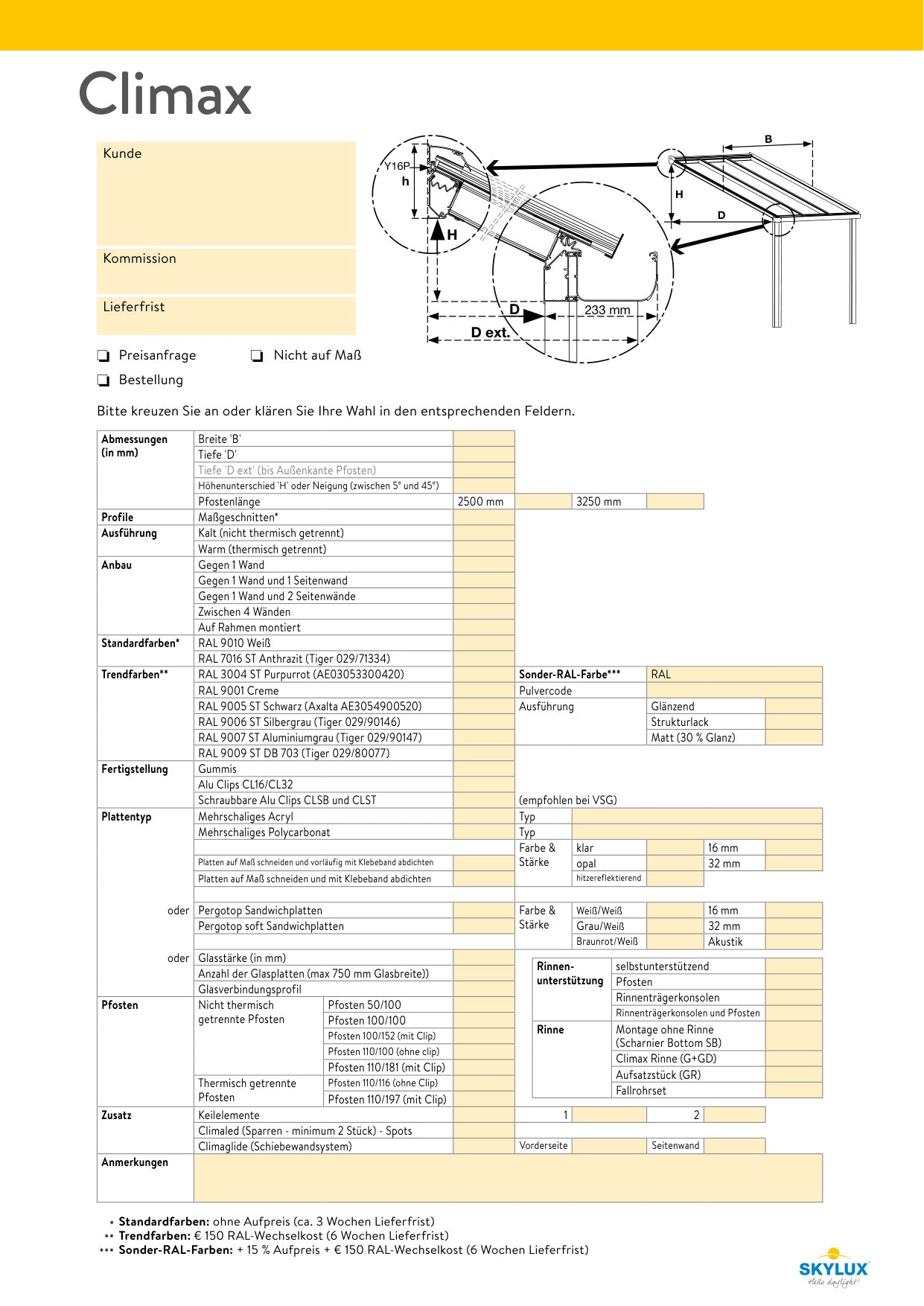 Formulaires de commande profils de véranda - Skylux