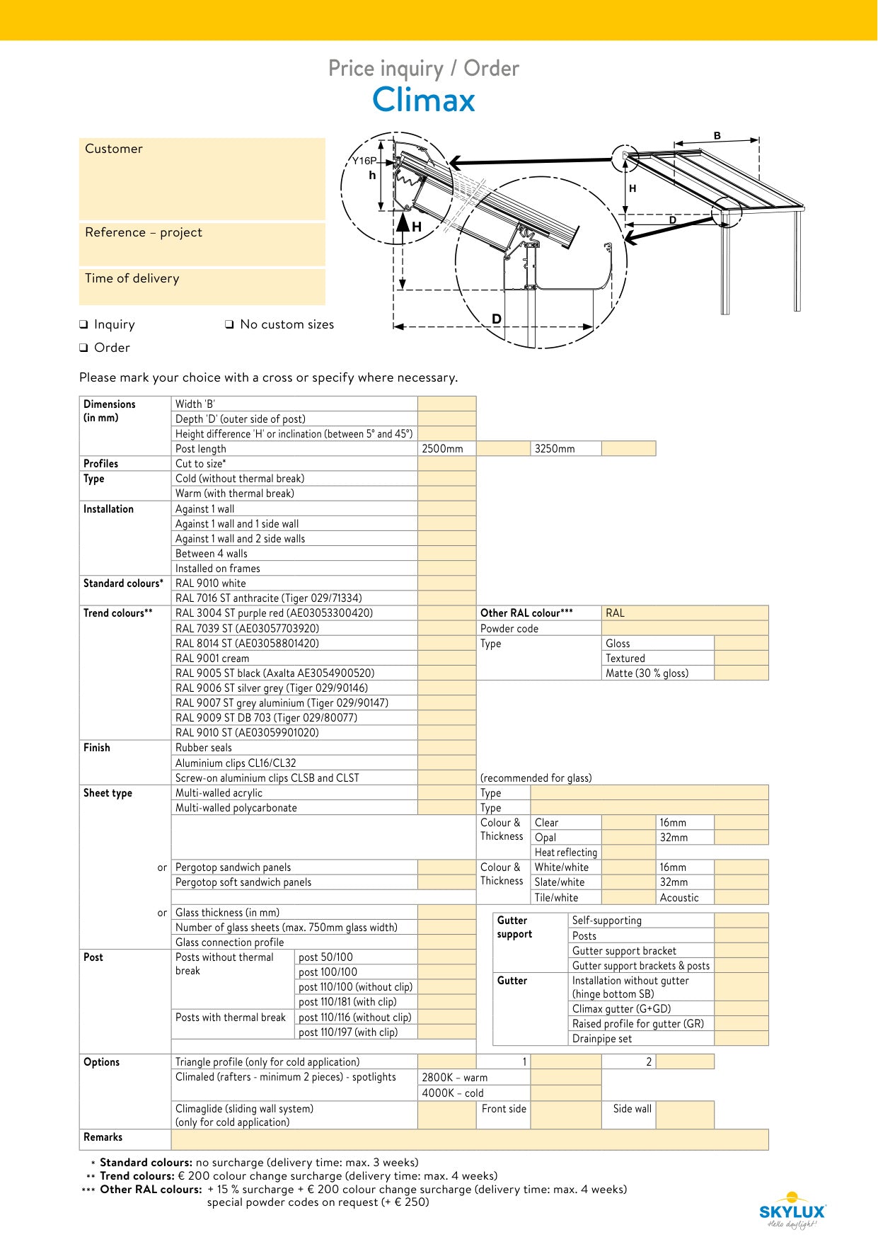 Formulaires de commande profils de véranda - Skylux