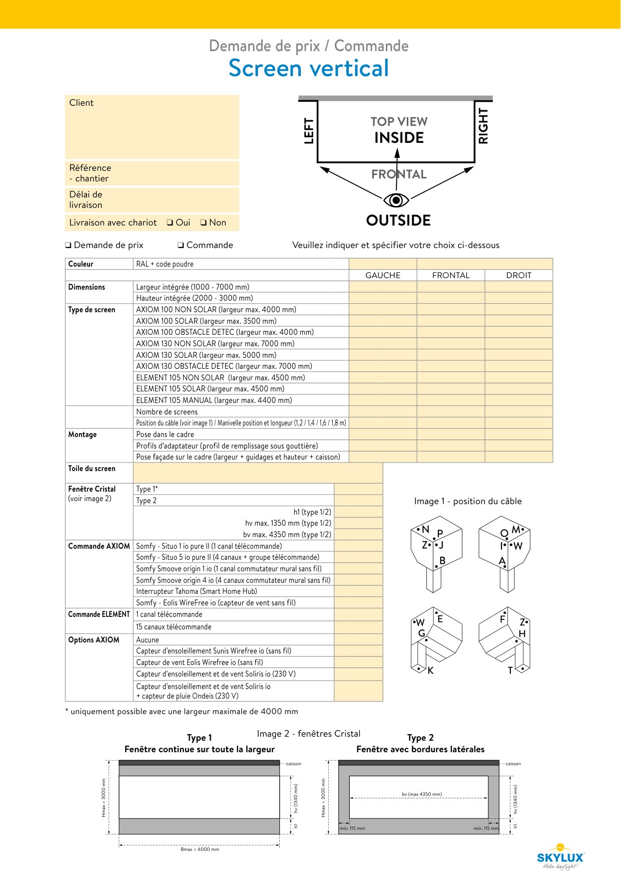 Formulaires de commande profils de véranda - Skylux