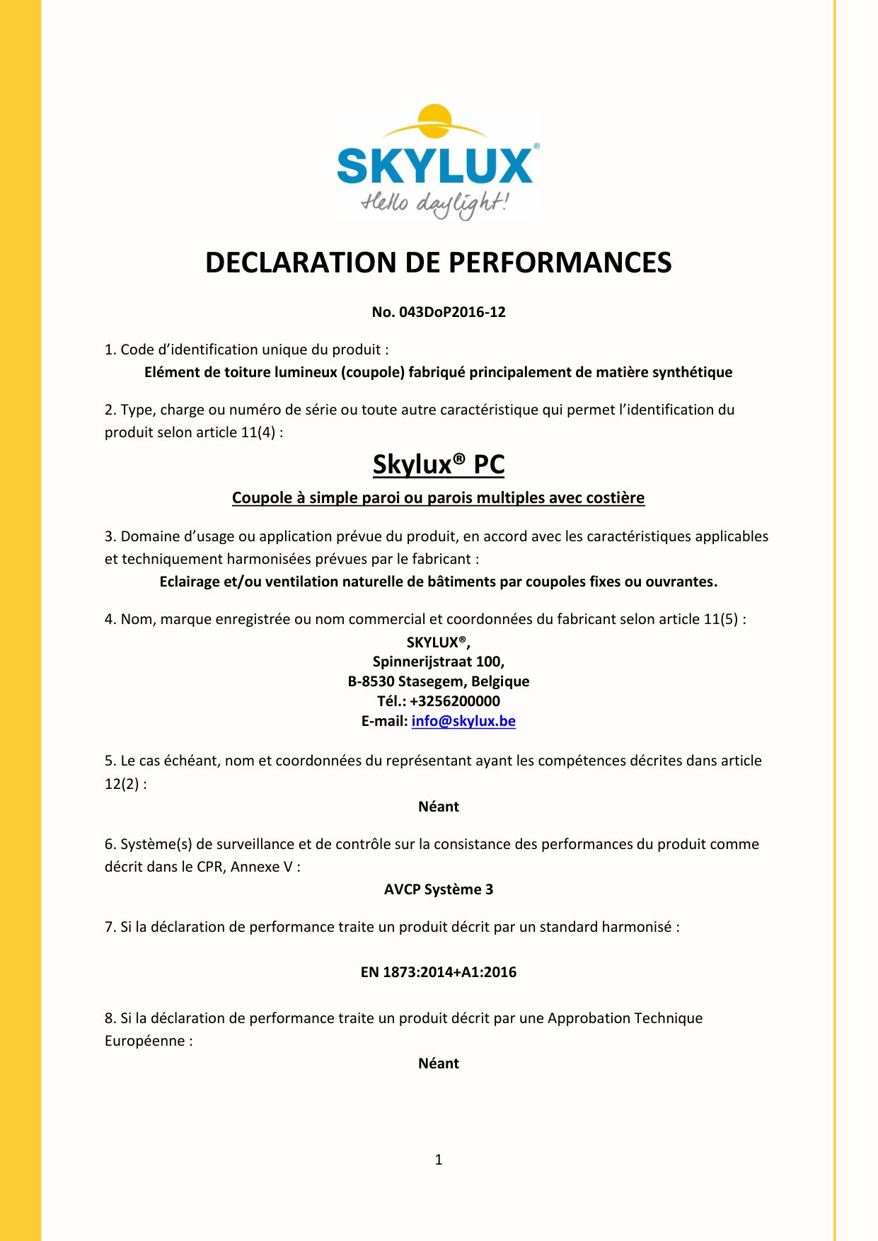 DOP (Déclaration de performances) - Skylux