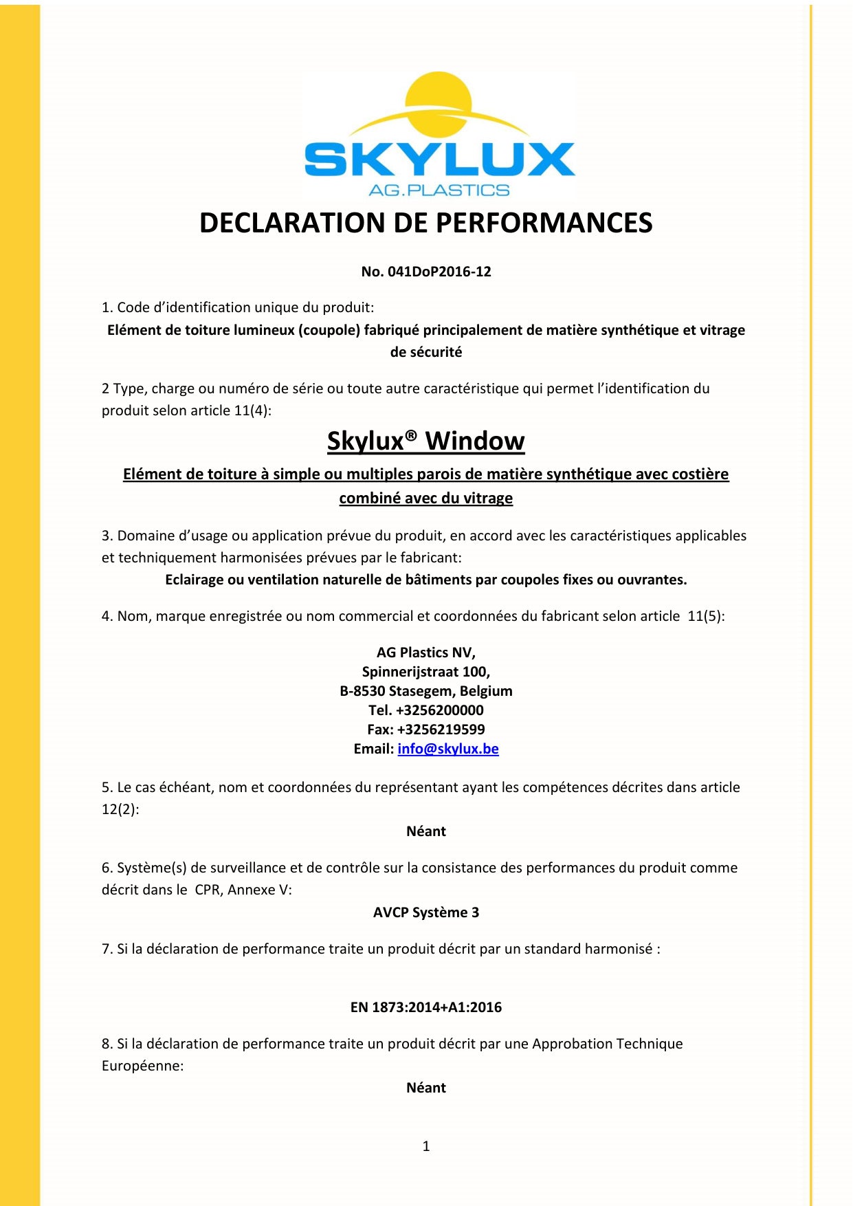DOP (Déclaration de performances) - Skylux
