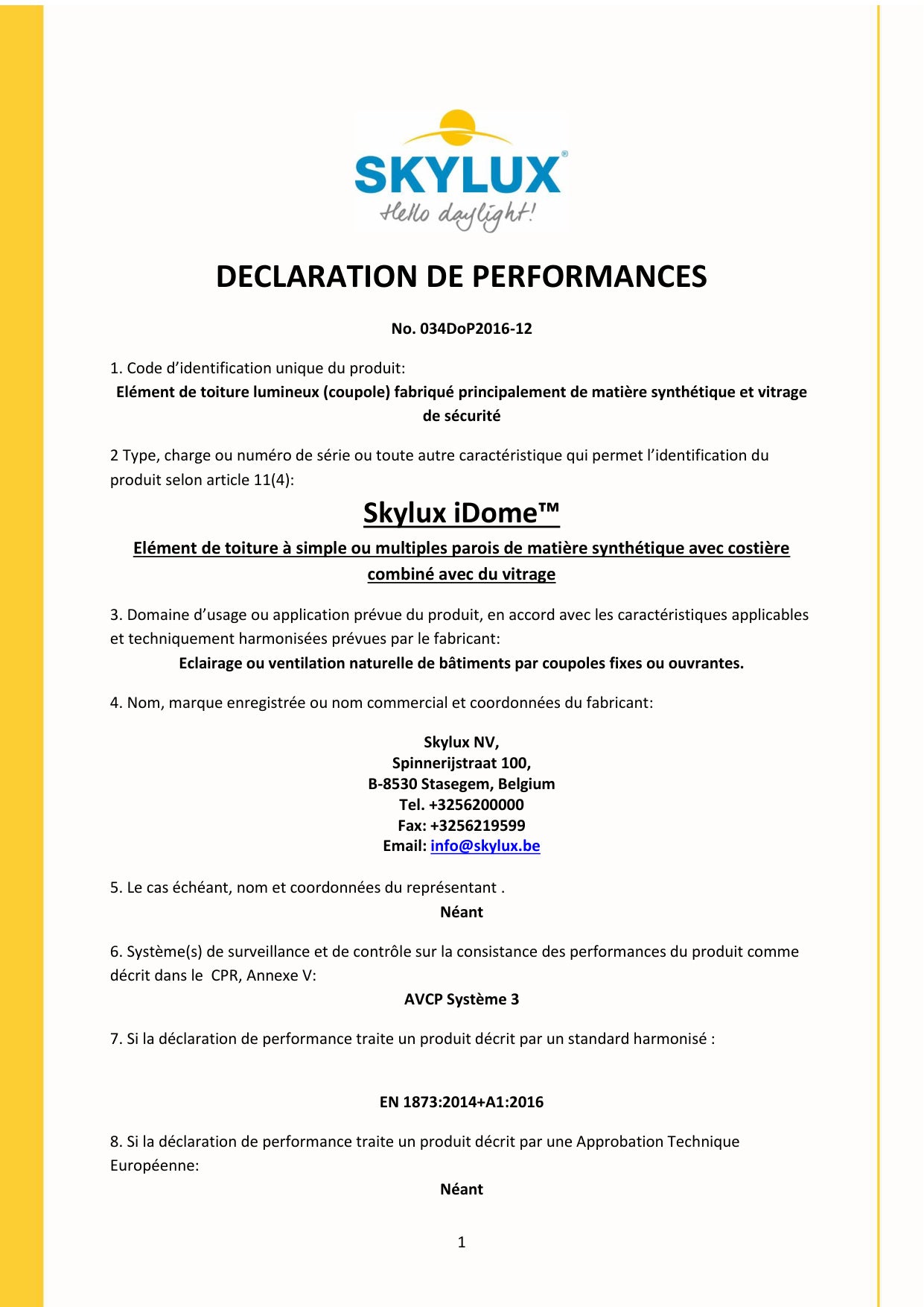 DOP (Déclaration de performances) - Skylux
