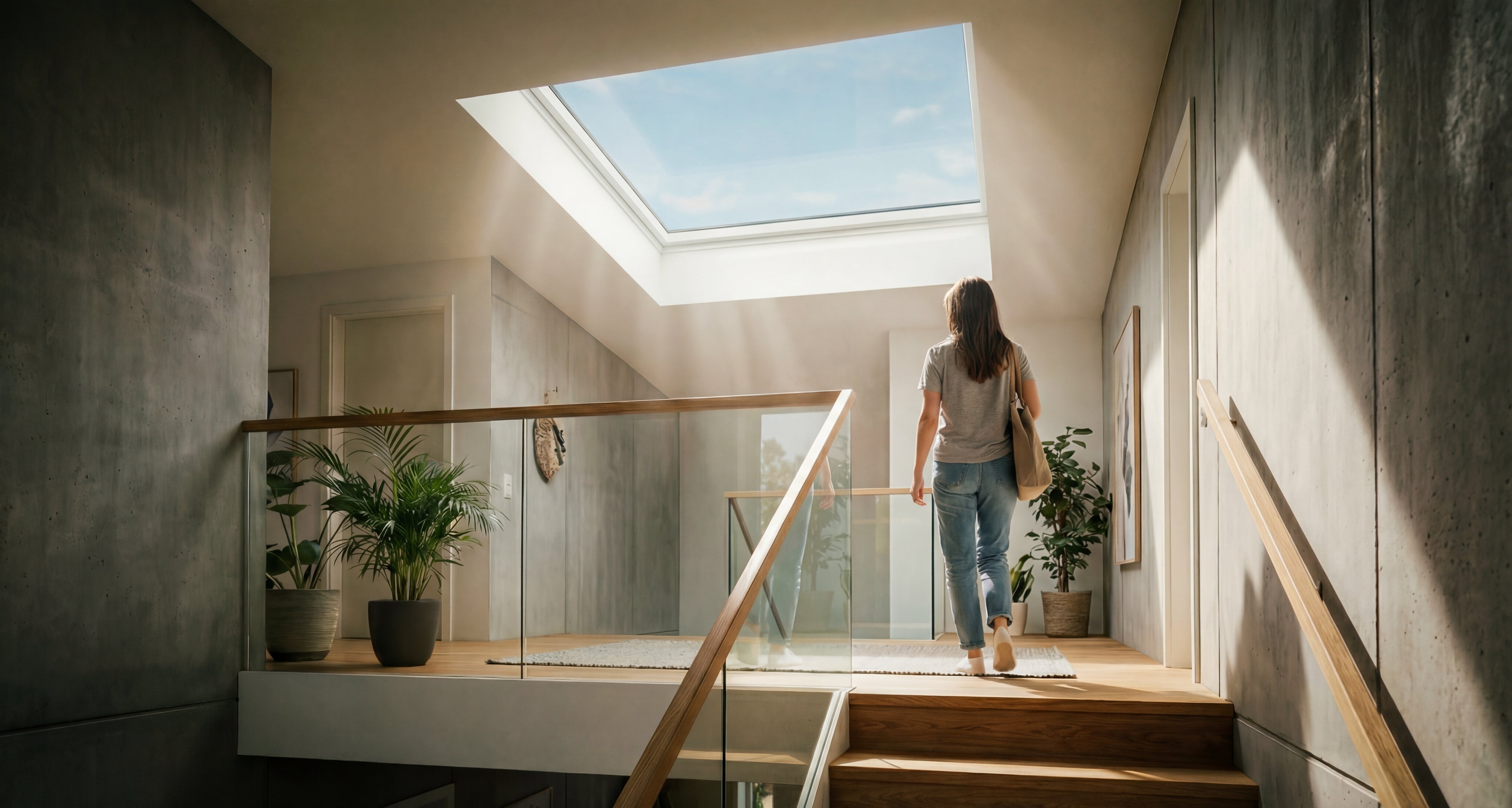 Vrouw loopt op een moderne overloop met houten vloer, glazen balustrade, kamerplanten en betonnen muren, prachtig verlicht door een groot dakraam.