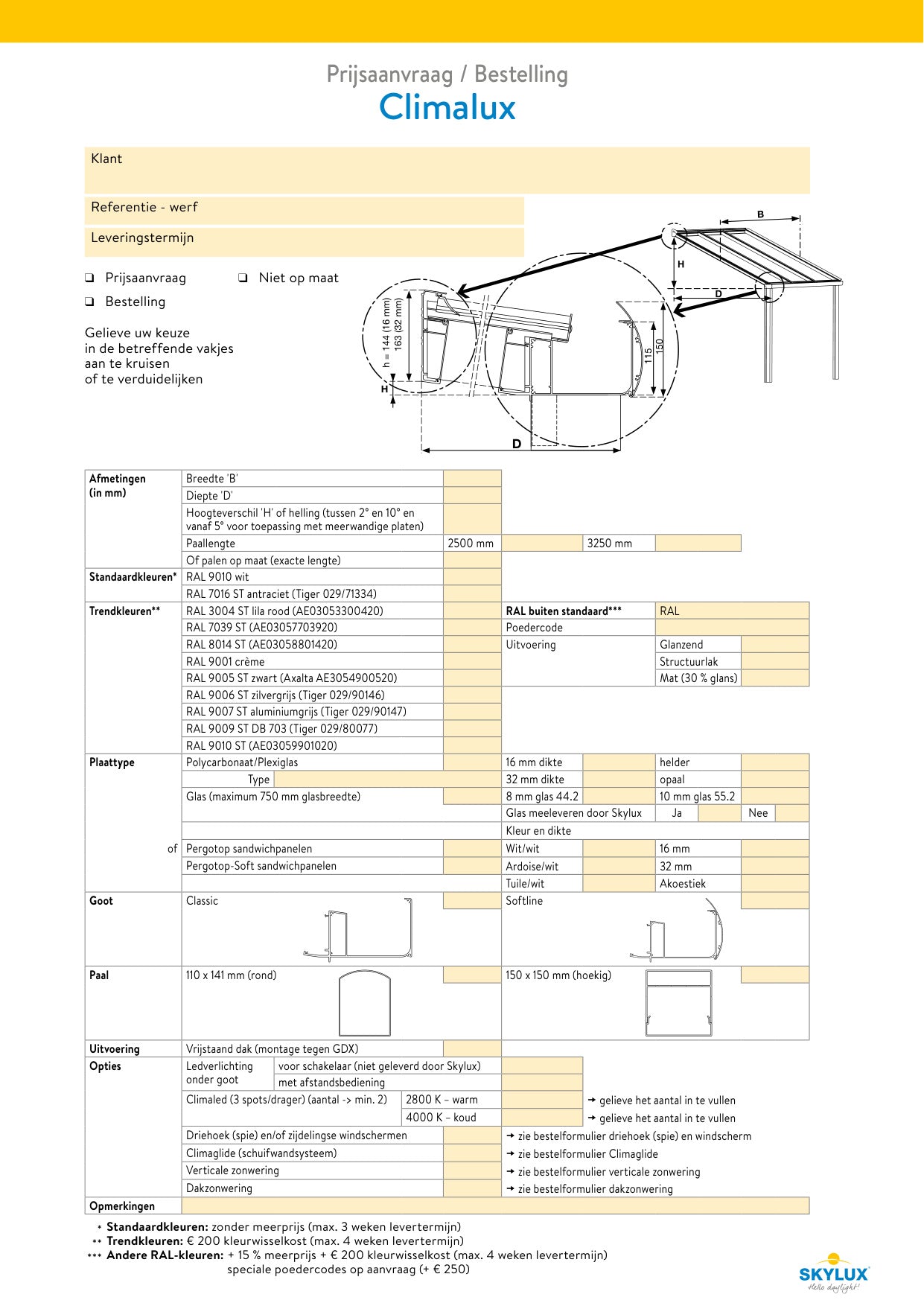 Formulaires de commande profils de véranda - Skylux