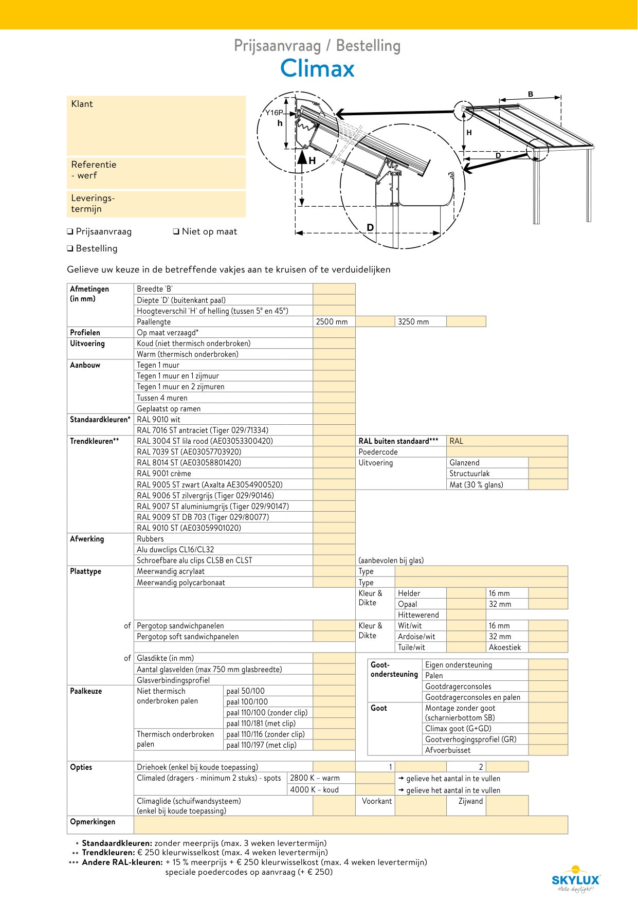 Formulaires de commande profils de véranda - Skylux