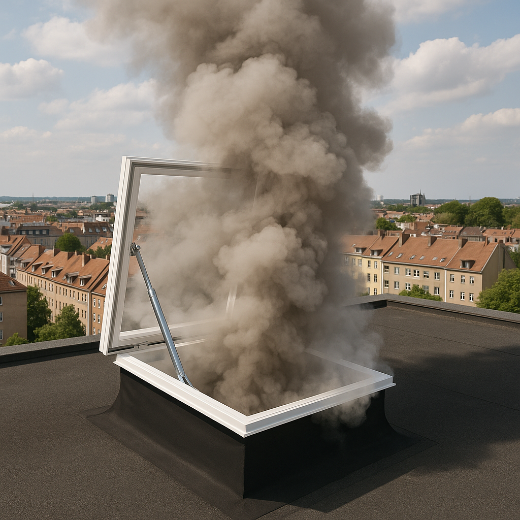 Openstaand rook- en warmteafvoersysteem op appartementsdak met opstijgende grijze rook tijdens een simulatie, met stad op de achtergrond
Laat me weten of je een variant wenst met merknaam (bv. Skylux RWA) of technische termen zoals "brandveiligheid" of "NEN-norm".
