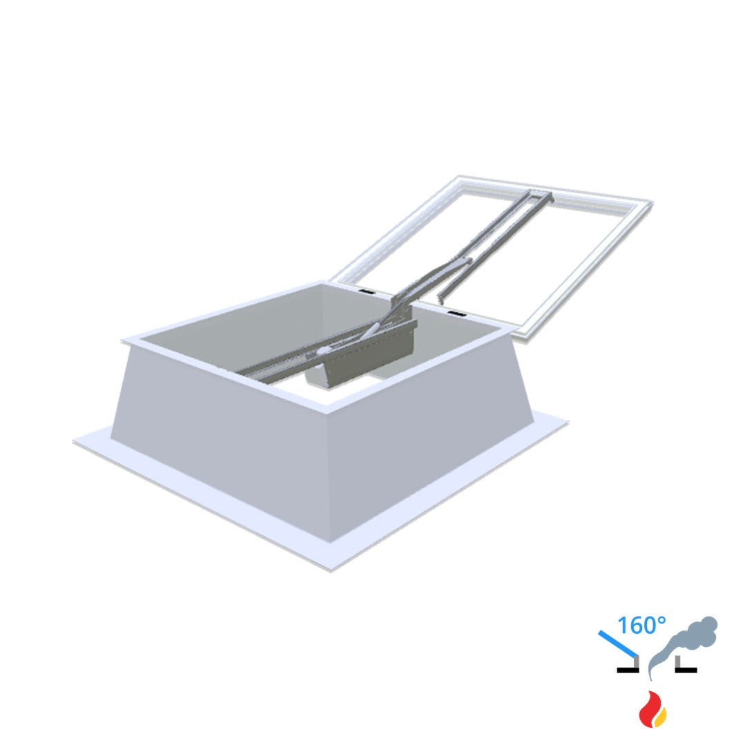 Skylux 160° CE met koepel en polyester opstand 50/20 met LM-motor, pvc-raam type EP25 en windvang 1300 x 1300 mm