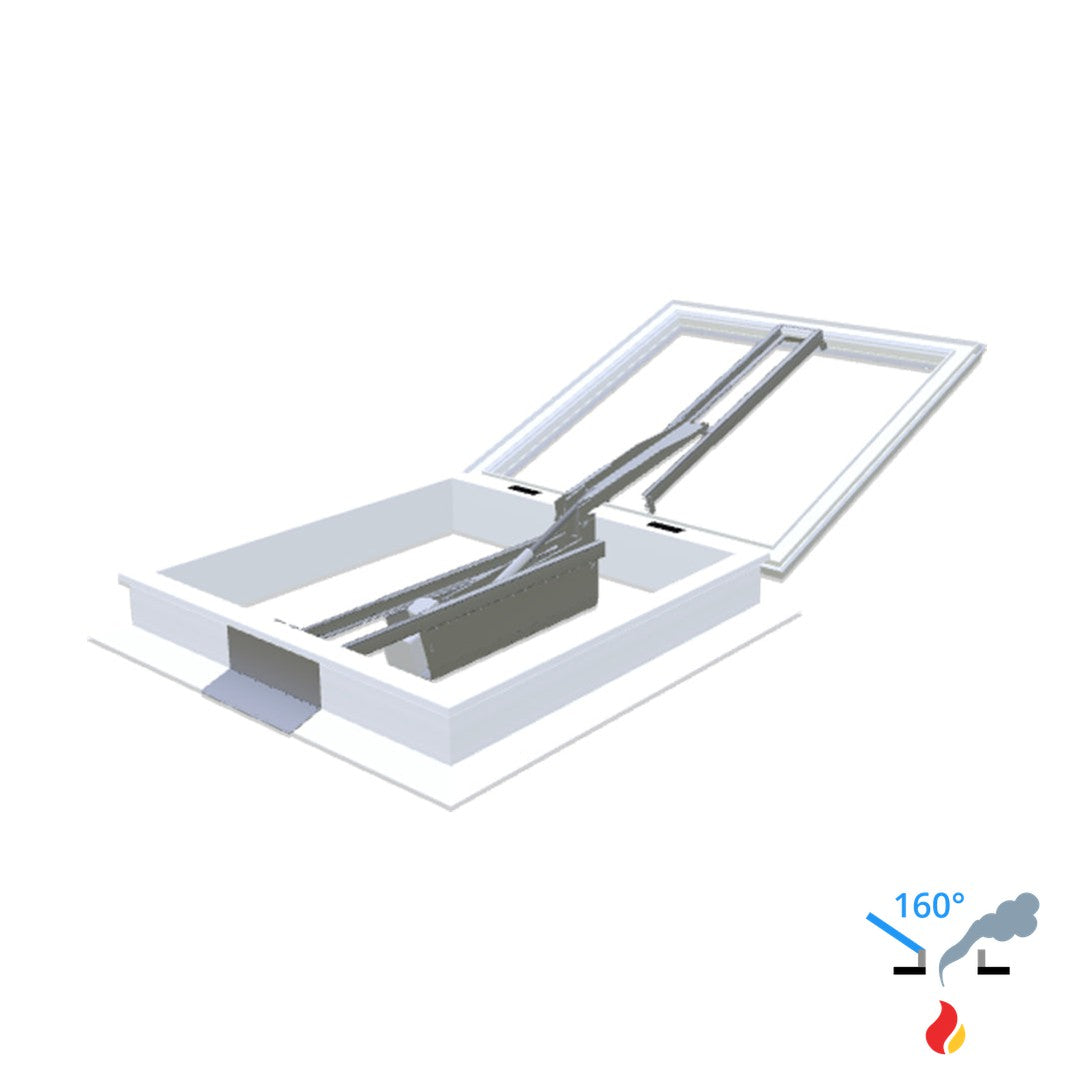 Skylux 160° CE met koepel en pvc-opstand 16/00 met LM-motor en pvc-raam type EP25 1000 x 1000 mm