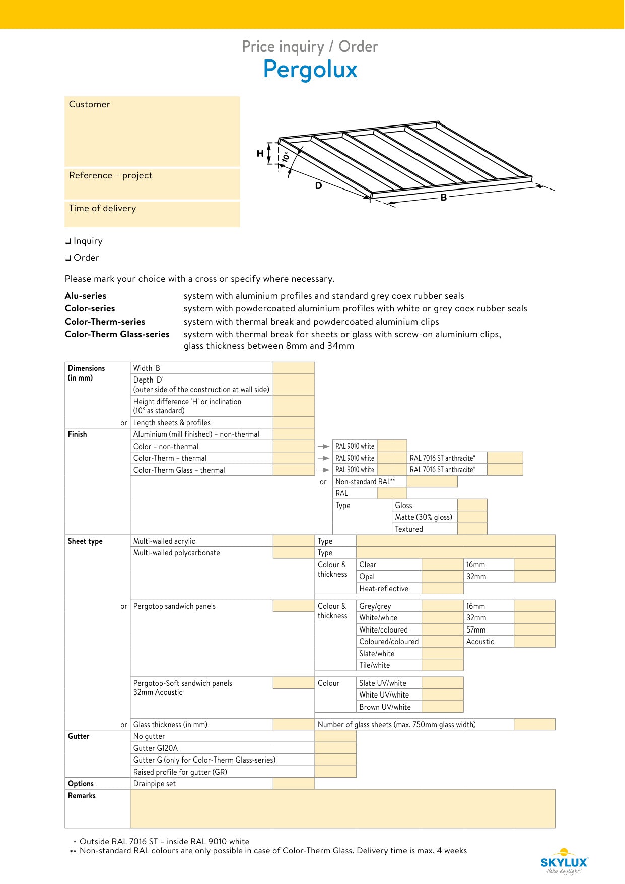 Formulaires de commande profils de véranda - Skylux