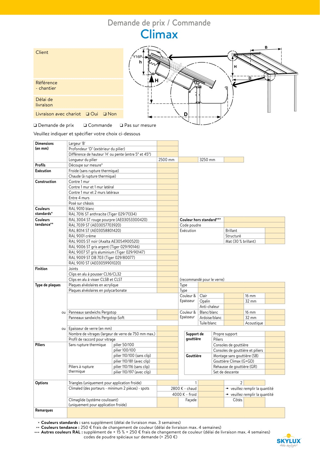 Formulaires de commande profils de véranda - Skylux