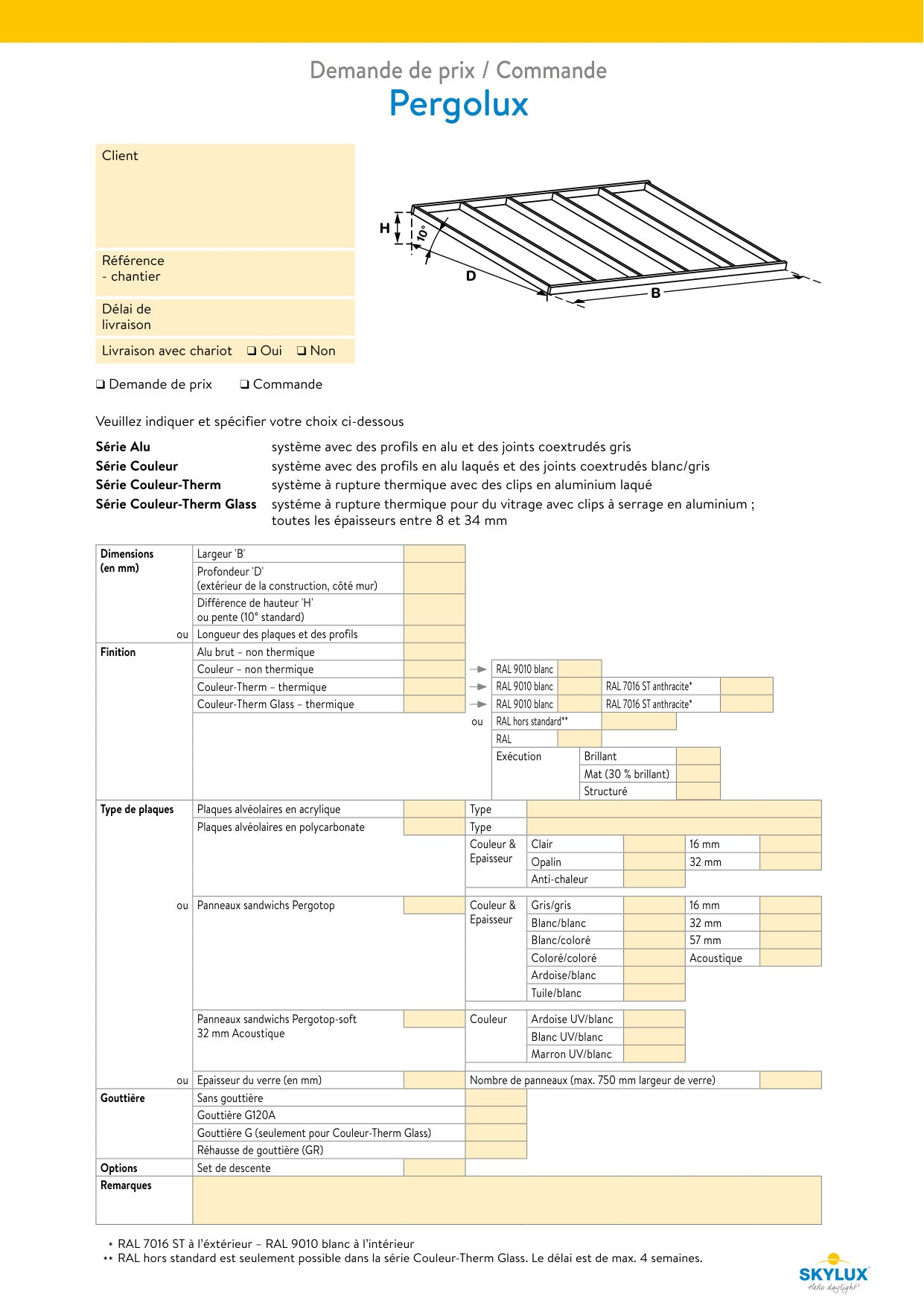 Formulaires de commande profils de véranda - Skylux
