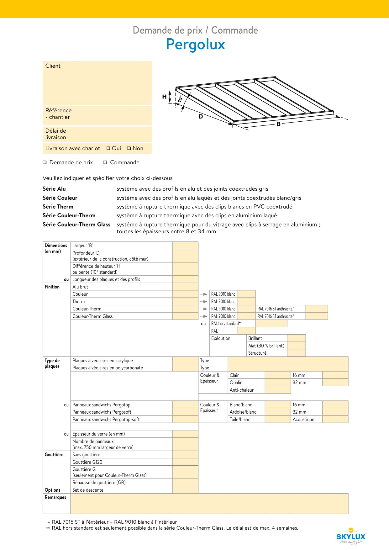 Formulaires de commande profils de véranda - Skylux