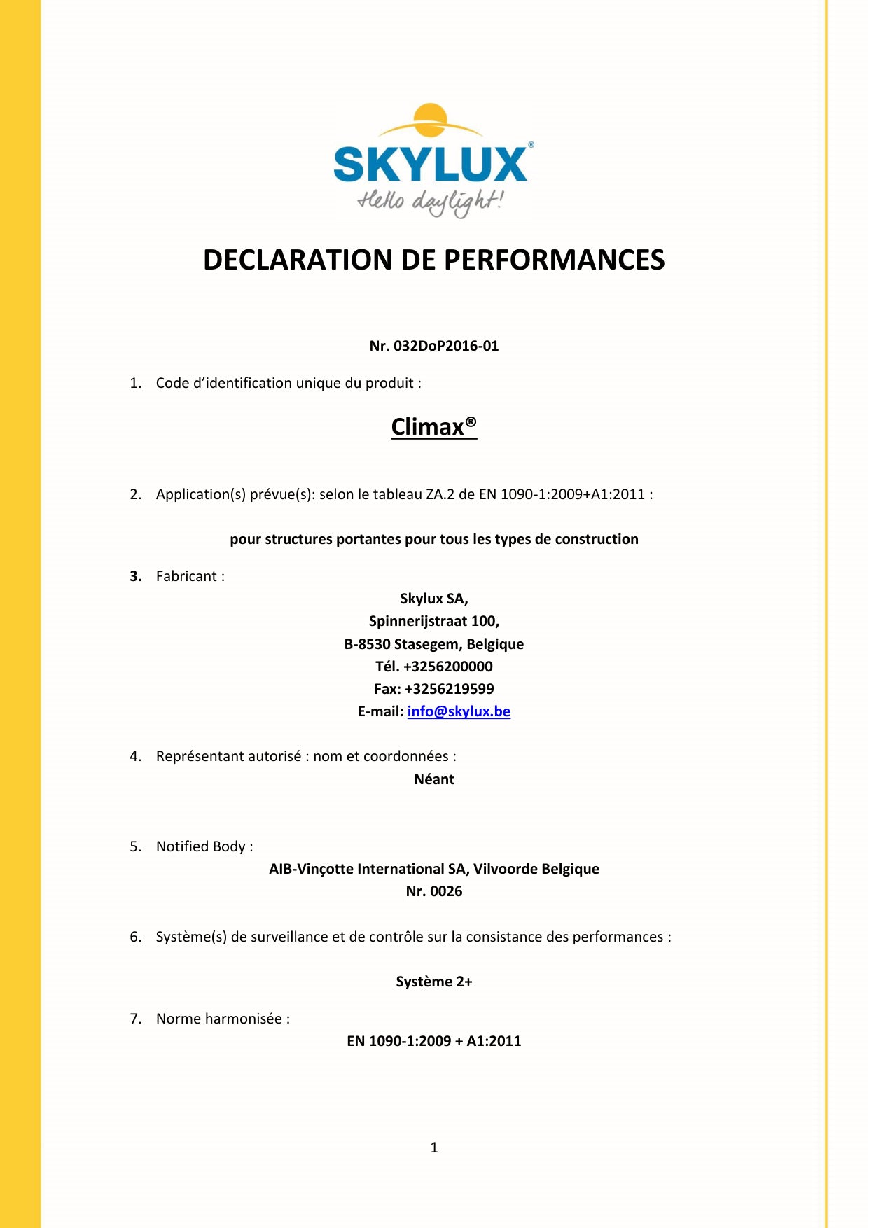 DOP (Déclaration de performances) - Skylux