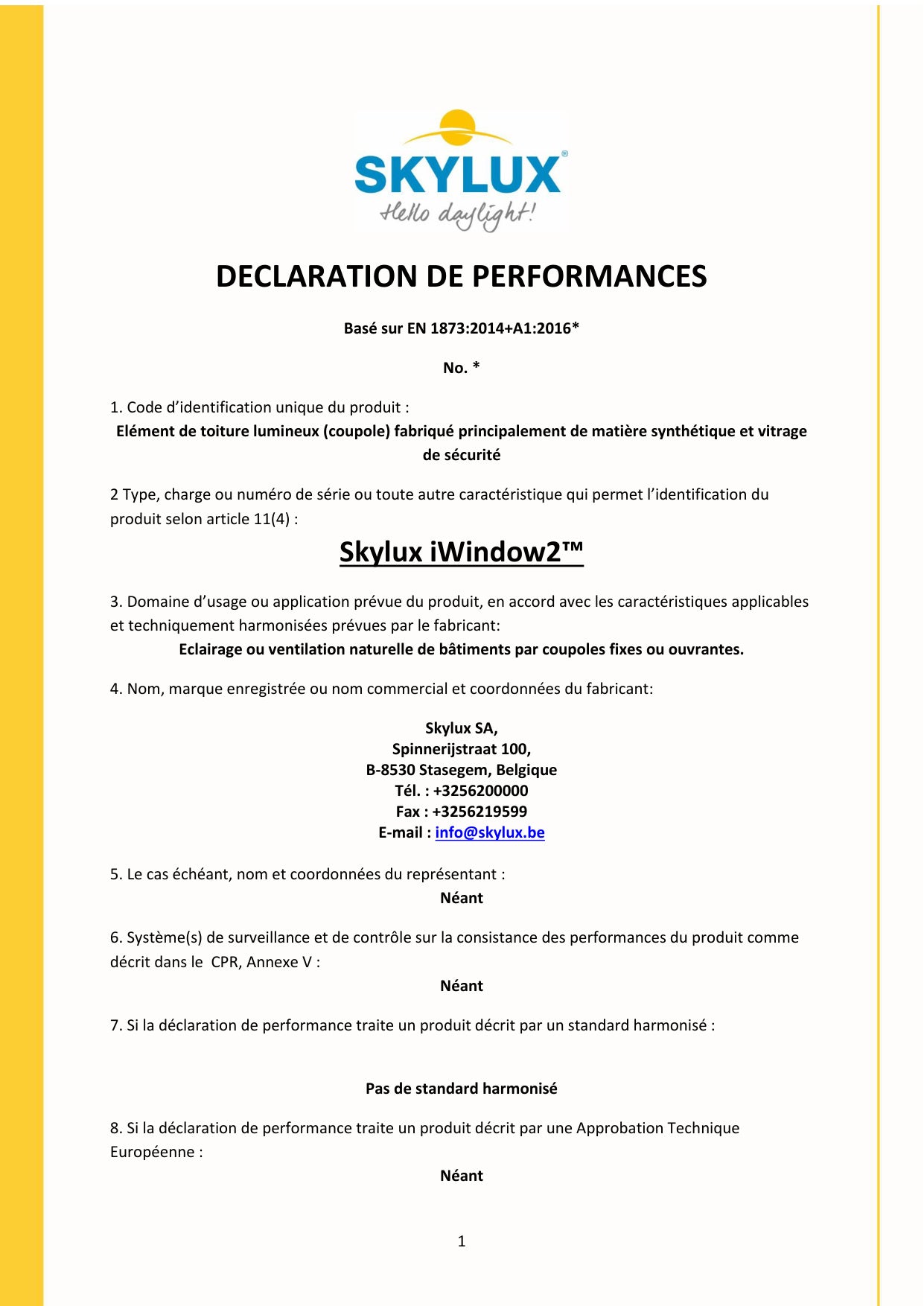 DOP (Déclaration de performances) - Skylux