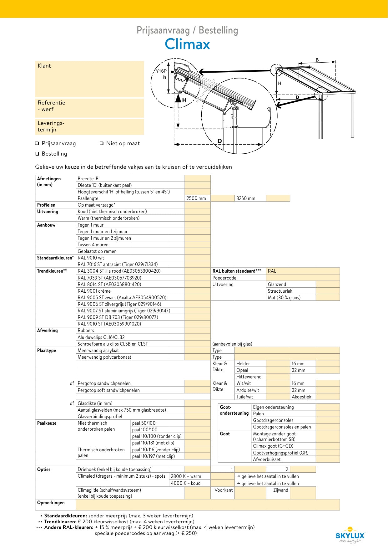 Formulaires de commande profils de véranda - Skylux