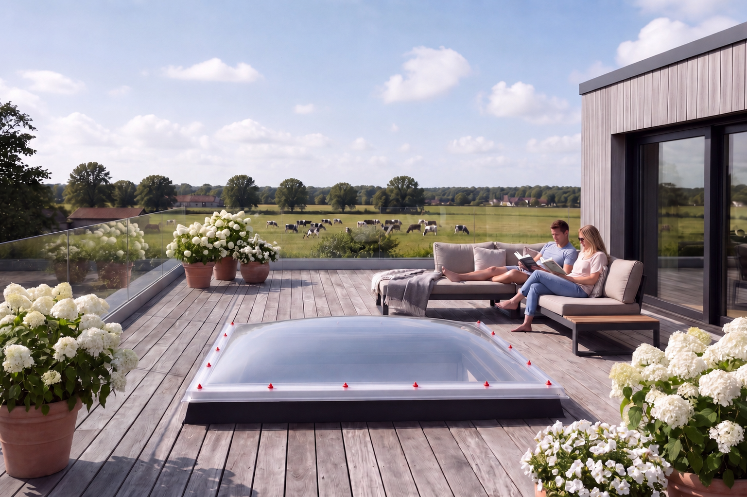 Modern rooftop terrace with a clear dome skylight, red fixing caps, white potted flowers, lounge seating, and a panoramic countryside view with grazing cows.