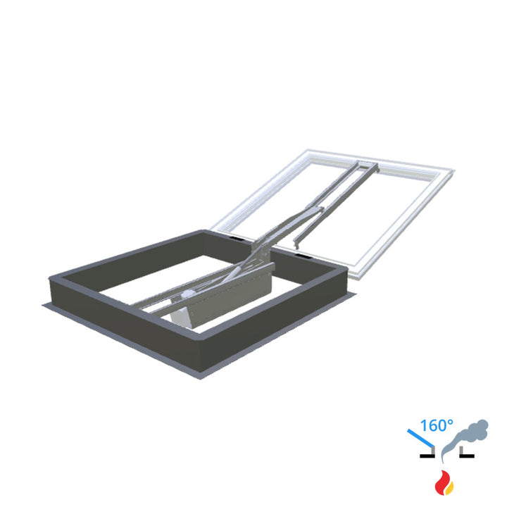 Skylux 160° CE met koepel en metaalopstand met LM-motor en pvc-raam type EP25 1300 x 1300 mm