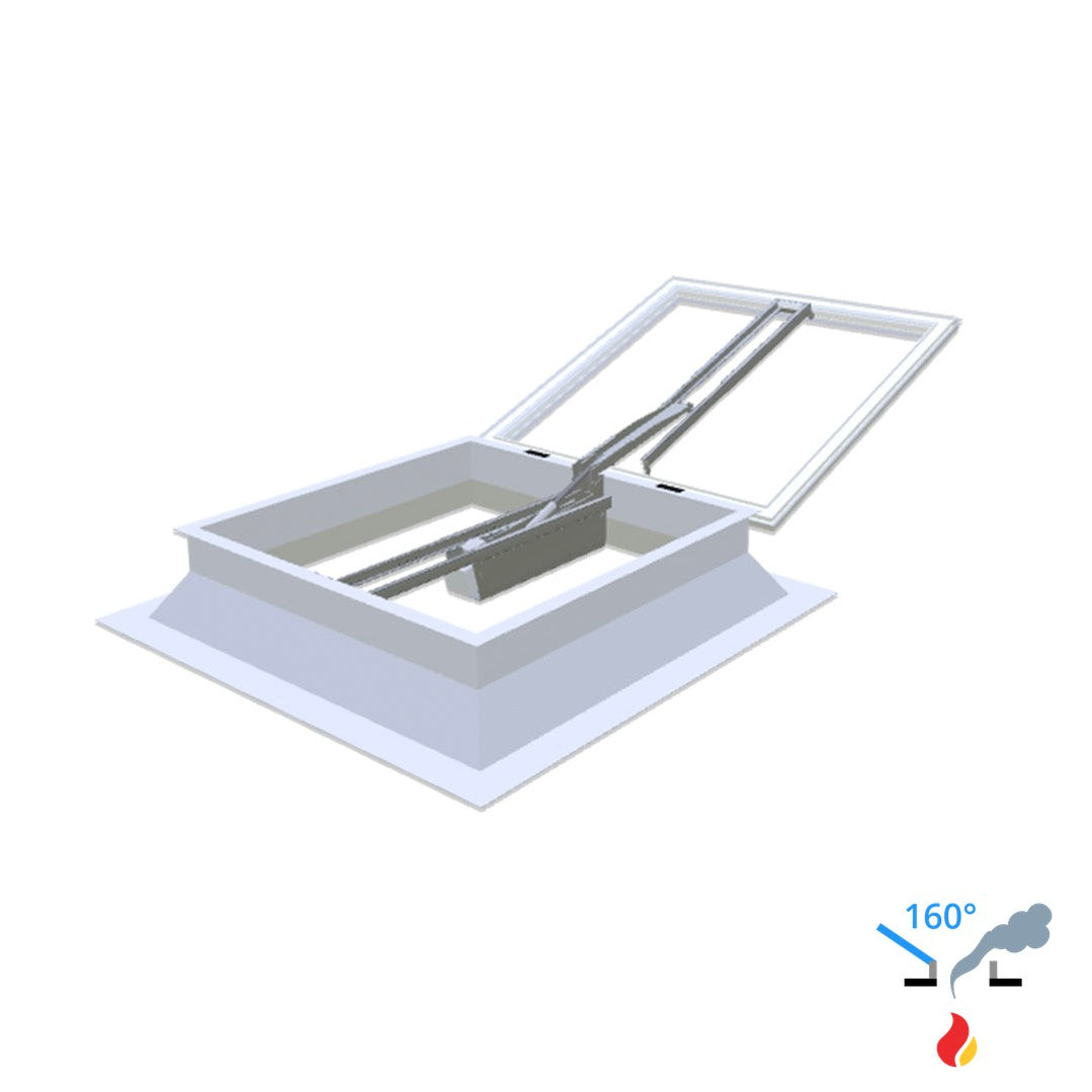 Skylux 160° CE met koepel en polyester opstand 30/20 met LM-motor en pvc-raam type EP25 1000 x 1000 mm