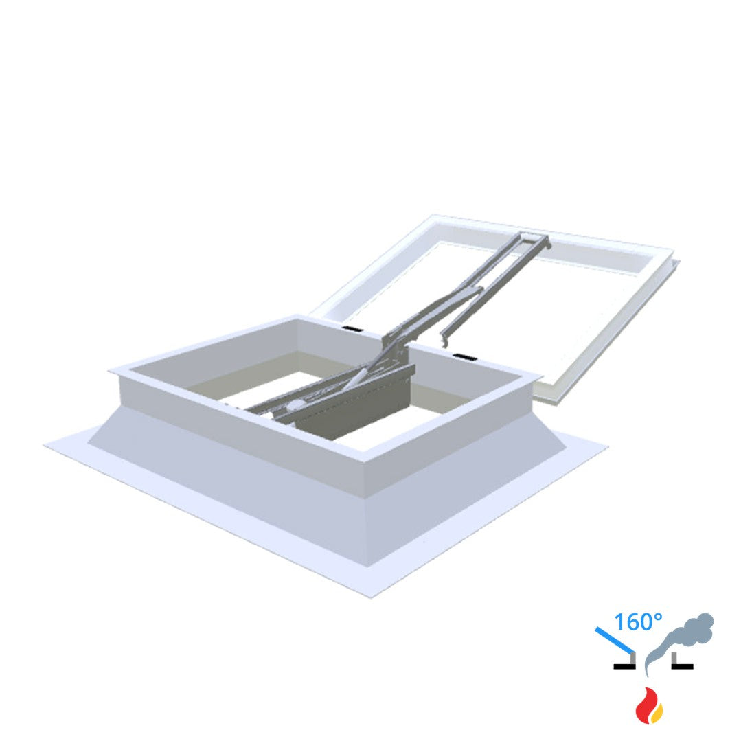 Skylux 160° CE met koepel en polyester opstand 30/20 met LM-motor, pvc-raam type EP25 en windvang 0700 x 1000 mm