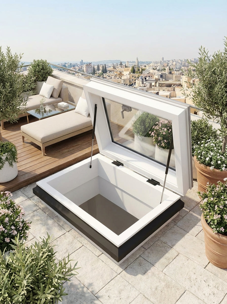 Elektrische daktoegang Skylux met iWindow vlak glas op plat dak