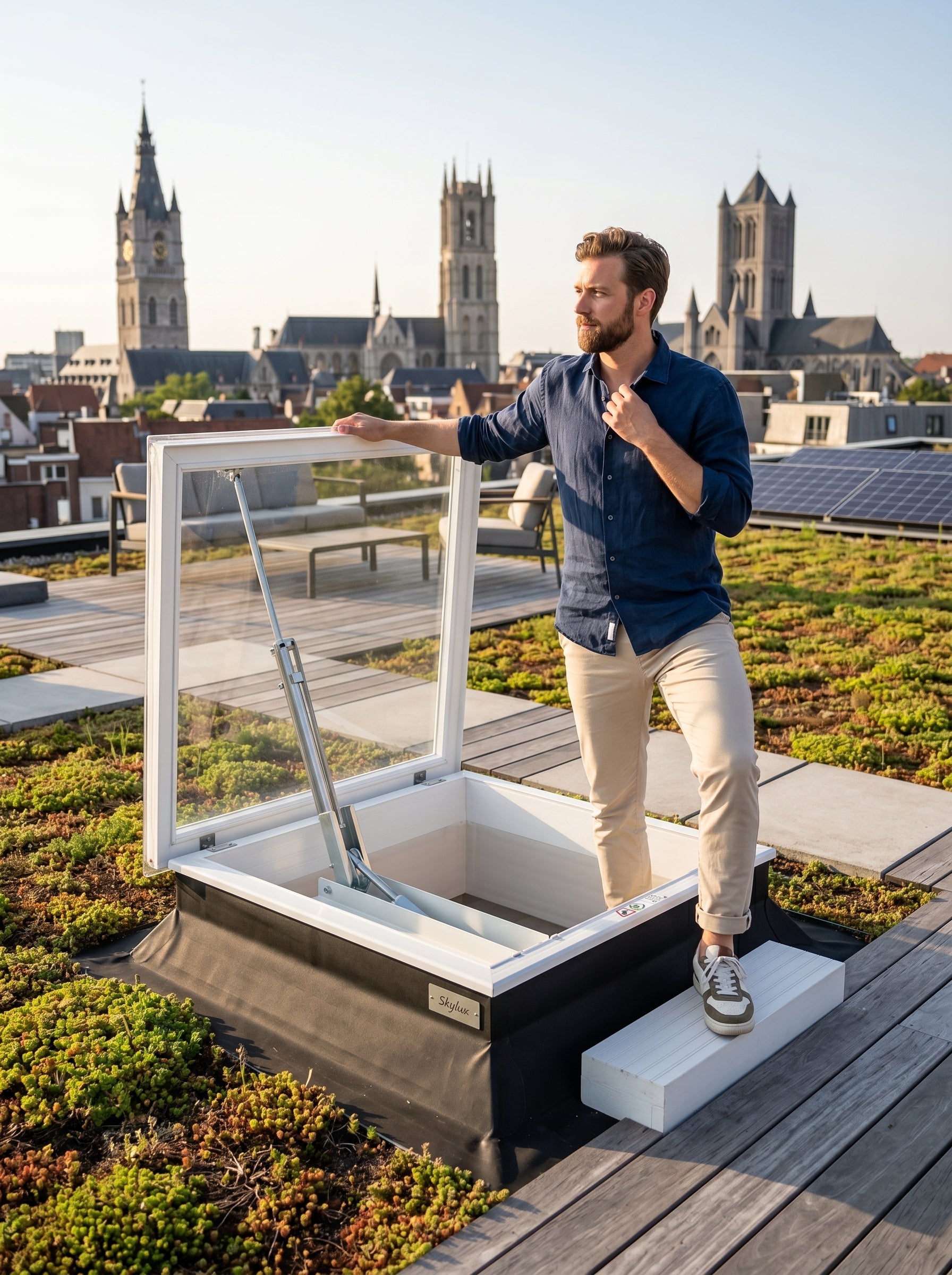 Skylux daktoegang op modern dakterras met groendak in Belgische stad